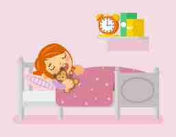 Free vector girl sleeping in the bed under blanket with teddy bear.