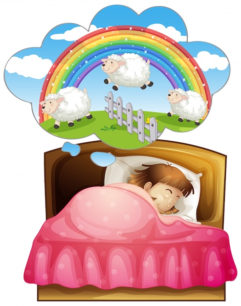 Girl sleeping and counting sheeps in dream