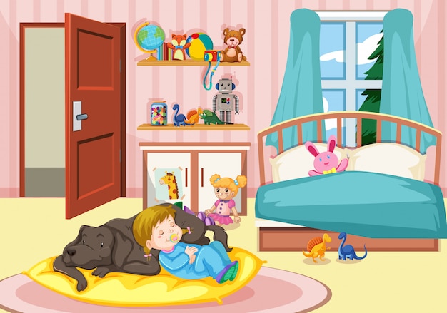 Girl sleeping with dog in bedroom