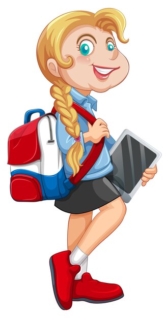 A girl standing on the floor with backpack and hold tablet carto