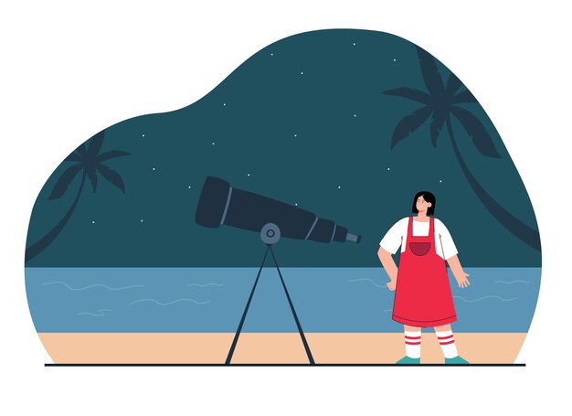 Girl standing near telescope and looking at stars with sea and palms in background. Beautiful starry night flat vector illustration. Astronomy concept for banner, website design or landing web page