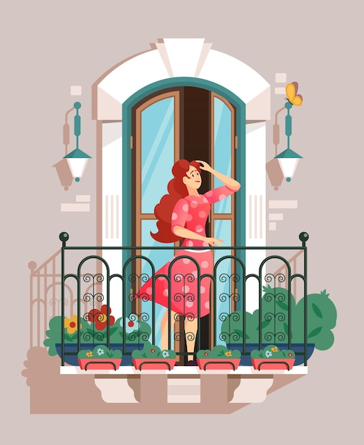 Free vector a girl straightens her hair standing on a balcony with a railing and houseplants flat illustration