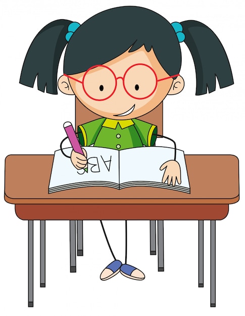 Free vector a girl studying on desk