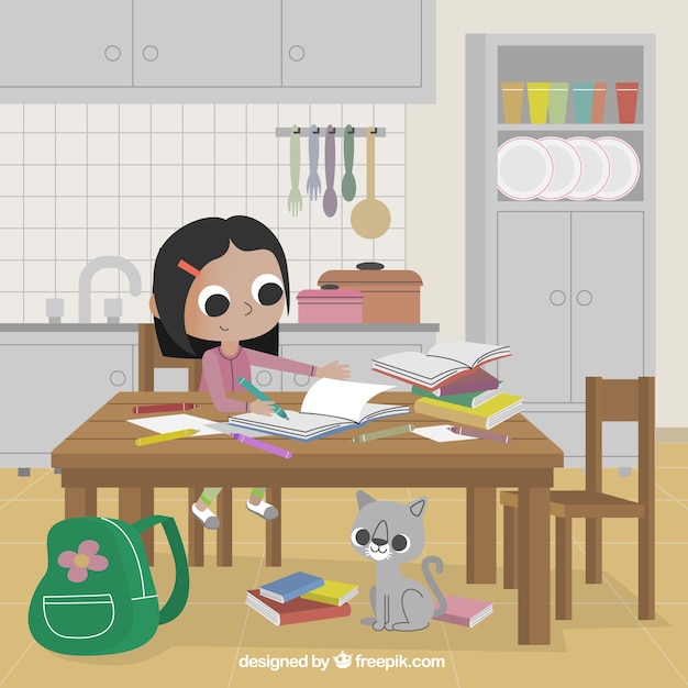 Free vector girl studying in the kitchen