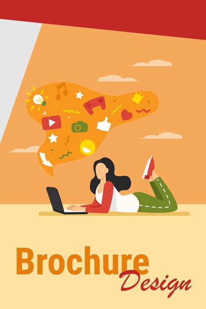 Girl suffering from internet addiction. Woman using laptop, bubble with social media signs messy flat vector illustration. Online communication concept for banner, website design or landing web page