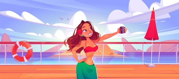 Free vector girl take selfie on phone camera on cruise ship deck