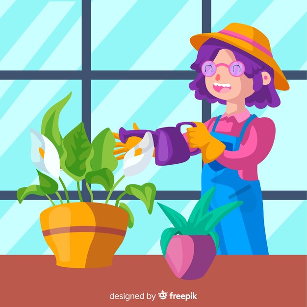 Девушка заботится о растениях