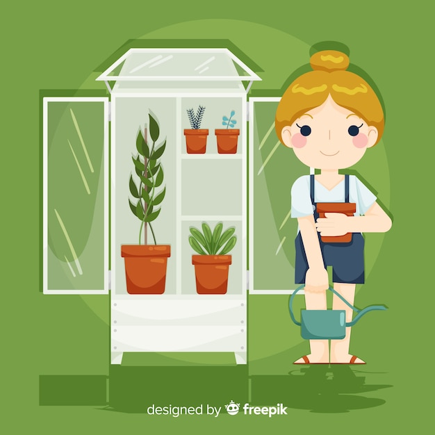 Girl taking care of plants