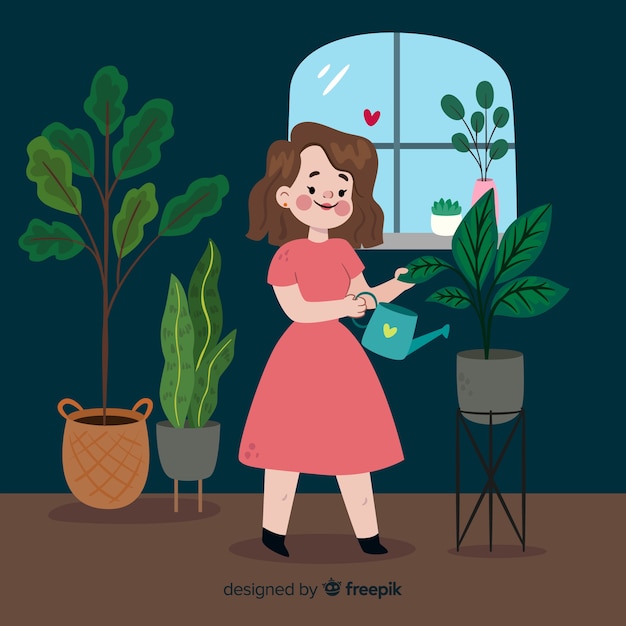 Girl taking care of plants