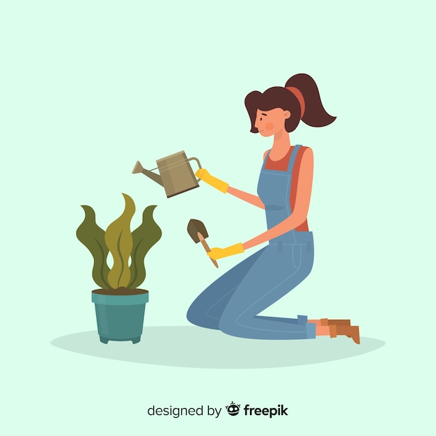 Girl taking care of plants