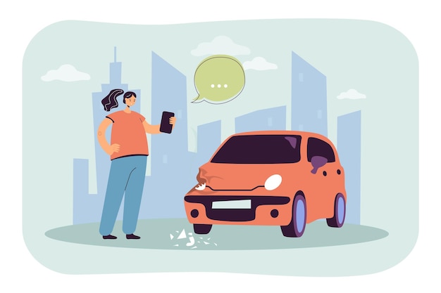 Girl taking photo of damaged car flat illustration