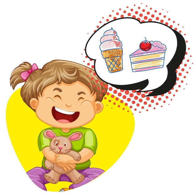 Free vector girl thinking of icecream and cake