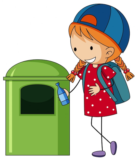 Бесплатное векторное изображение Девушка бросает бутылку в мусорную корзину