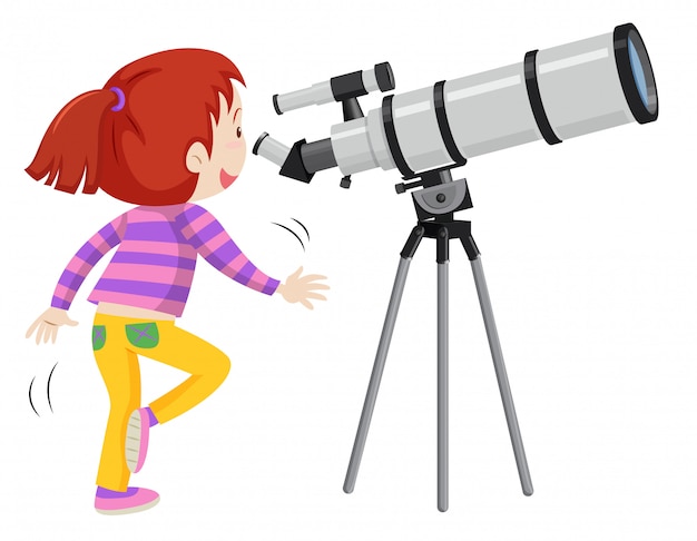 Girl using binoculars isolated on white background