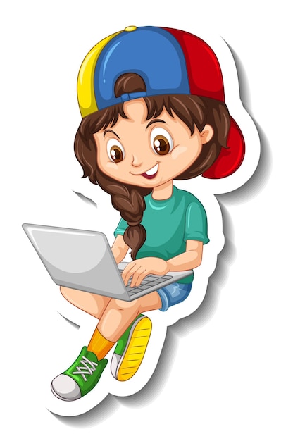 Free vector a girl using a laptop cartoon character sticker