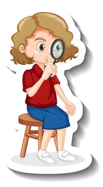 Free vector a girl using magnifying glass cartoon character sticker