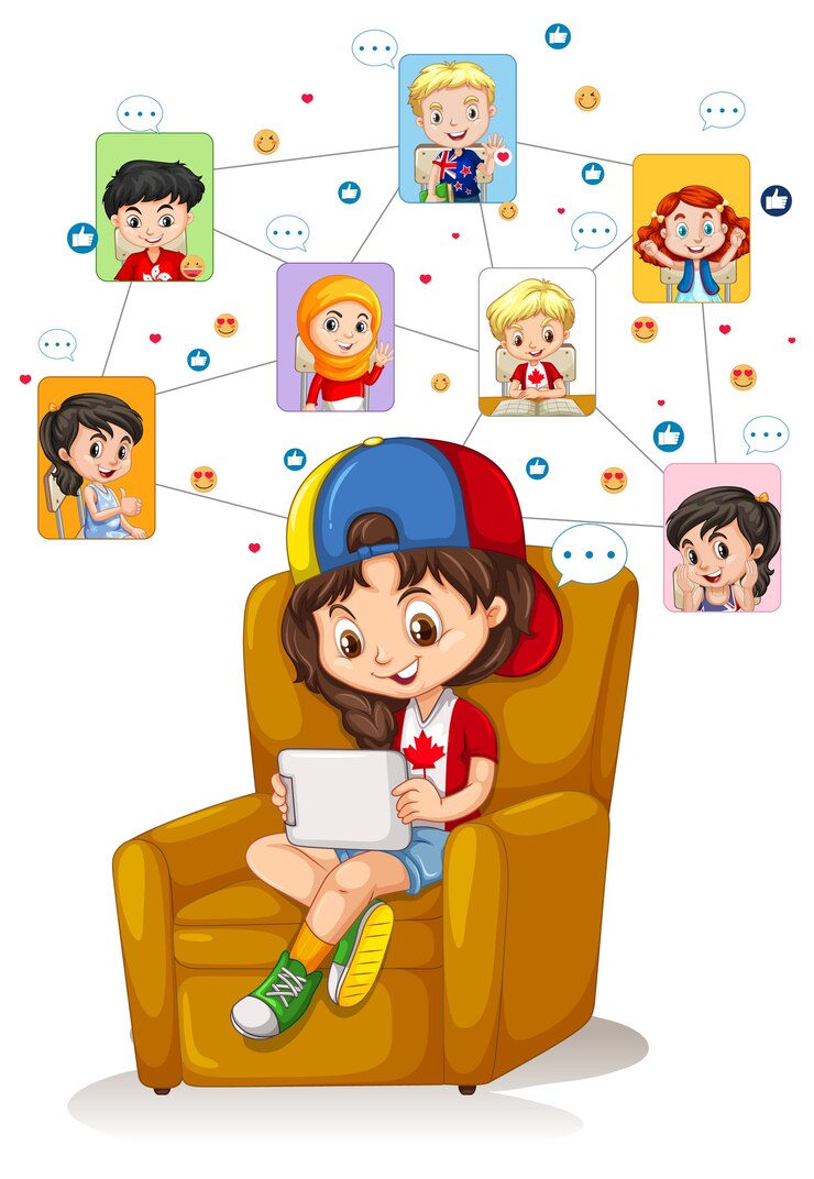 Free Vector a girl using tablet for communicate video conference with friends on white background