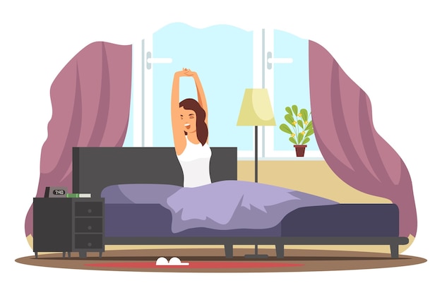 Girl waking up in bed young woman sitting on bed yawning in early morning stretching arms Everyday routine at home bedroom modern interior design