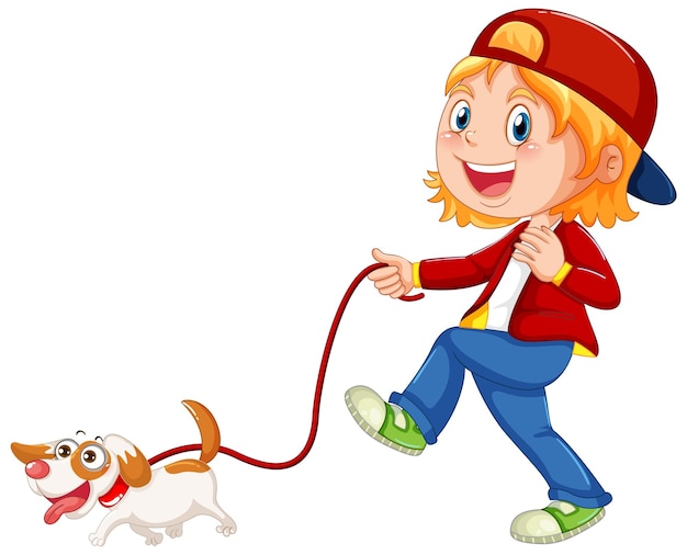 Free vector a girl walking her dog on white background