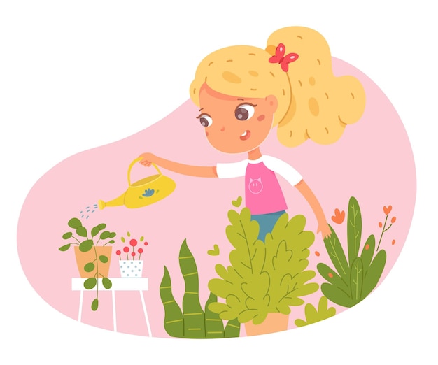 Free vector girl watering plants and flowers in garden modern room with fresh green leaves interior design