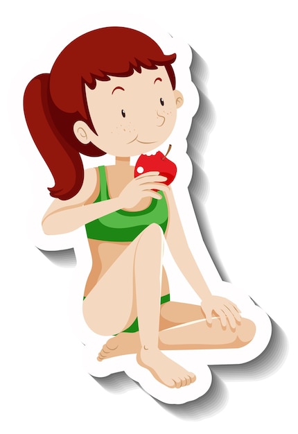 Free vector a girl wearing green bikini eating apple cartoon sticker