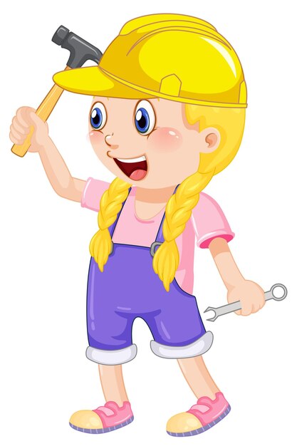 A girl wearing helmet holding hammer