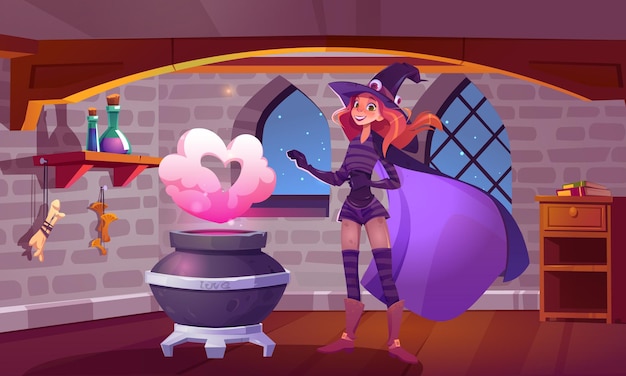 Girl witch make magic love potion in cauldron. Vector cartoon fantasy illustration of wizard room interior with boiling pot, pink smoke cloud in shape of heart and woman in magician costume