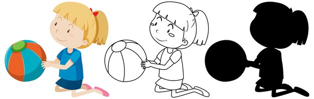 Girl with the ball in color and in outline and silhouette