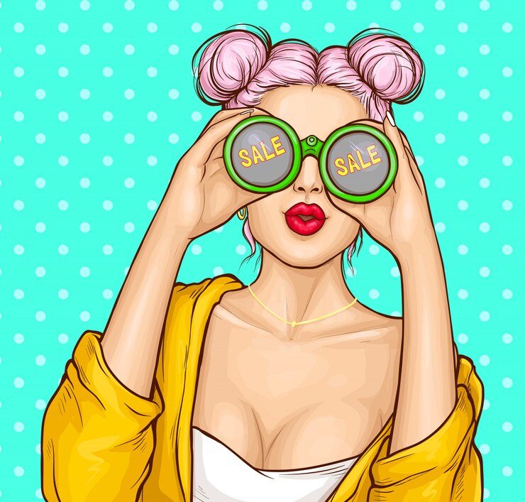 Бесплатный Вектор девушка с биноклем ищет продажу