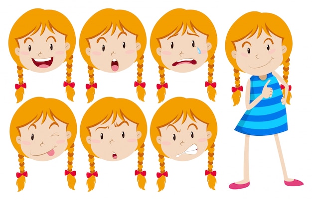 Girl with blond hair with many facial expressions illustration