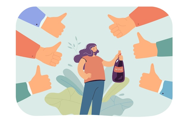 Девушка с бутылкой вина в окружении больших пальцев. счастливая женщина получает общественное одобрение плоской векторной иллюстрации. алкоголь, концепция общественного мнения для баннера, дизайна веб-сайта или целевой веб-страницы