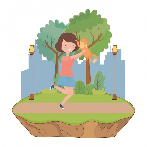 Free vector girl with cat cartoon