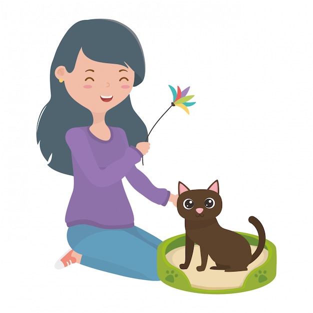 Free vector girl with cat of cartoon