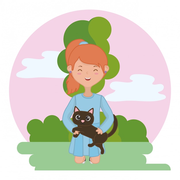 Girl with cat of cartoon 