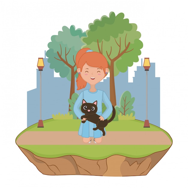 Free vector girl with cat of cartoon