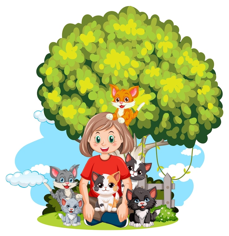 Free Vector girl with cats under tree