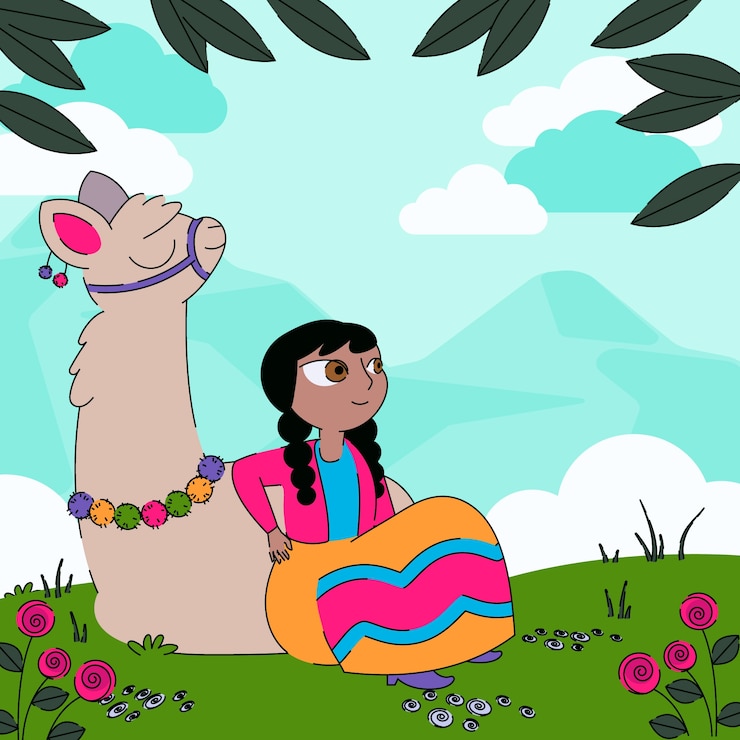 मुफ़्त वेक्टर girl with cute llama on meadow illustration