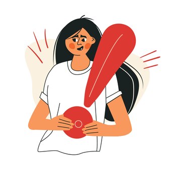 Girl with exclamation mark attention sign hazard warning symbol. frustrated woman with nervous problem feel anxiety. need help concept. flat vector cartoon illustration
