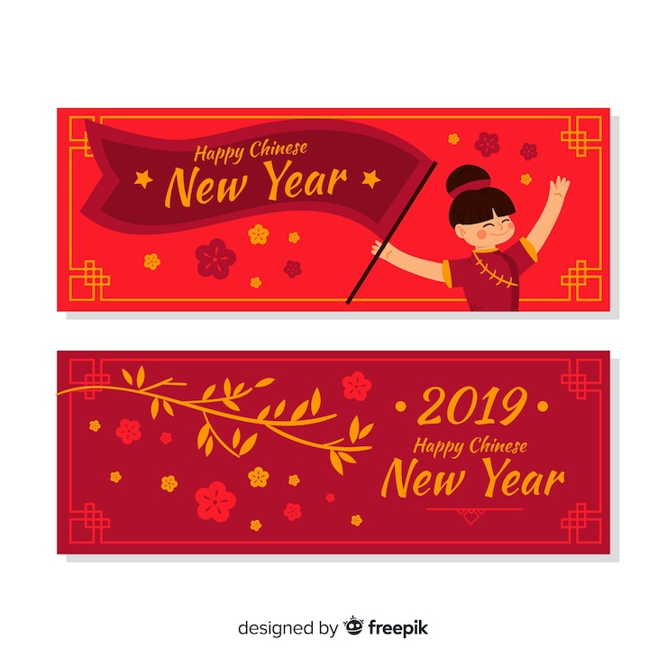 Free Vector girl with flag chinese new year banner