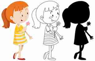 Free vector girl with flower on her hand and its outline and silhouette set