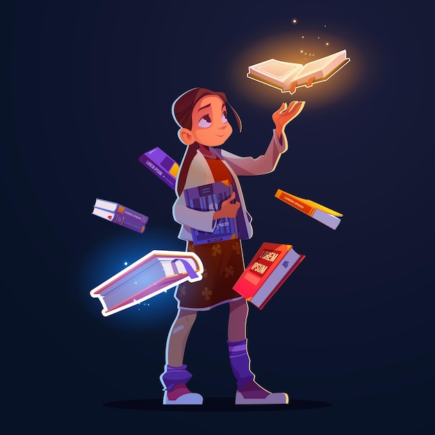 Girl with flying books with magic glow and sparkles vector cartoon fantasy illustration of happy chi...