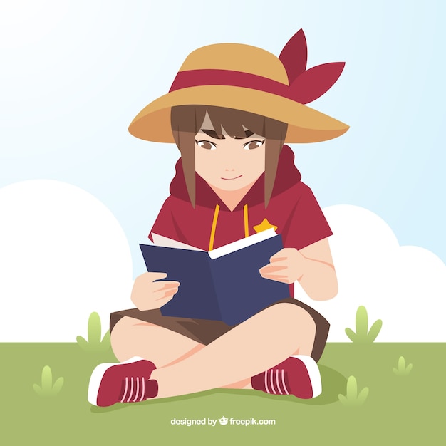 Girl with hat reading a book in the park