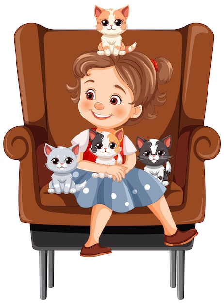 Girl with kittens on cozy armchair