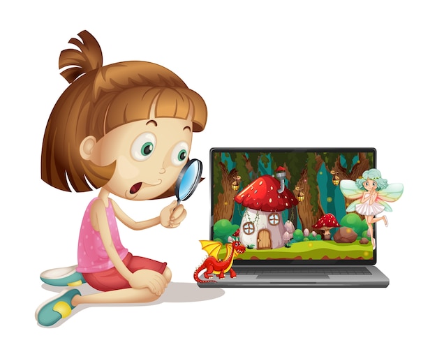 Free vector girl with magnifying glass looking at laptop