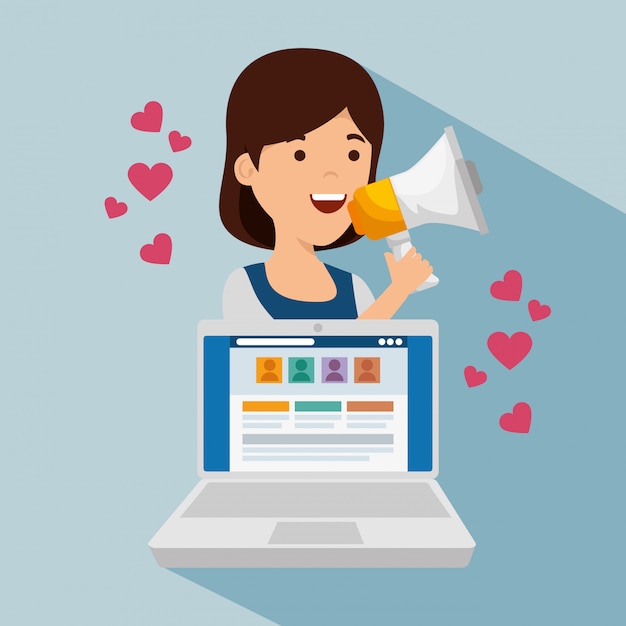 Free vector girl with megaphone and social profile with hearts