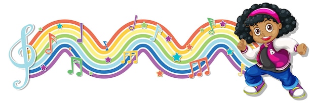 Free vector girl with melody symbols on rainbow wave