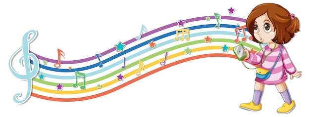 Free vector girl with melody symbols on rainbow wave