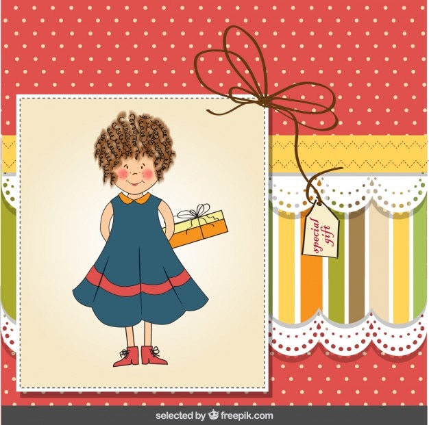 Free vector girl with present greeting card