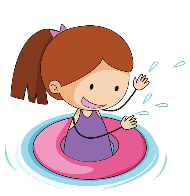 Free vector a girl with rubber ring doodle cartoon character isolated