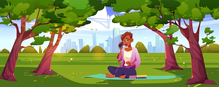 Free Vector girl with smartphone in city park sitting on mat
